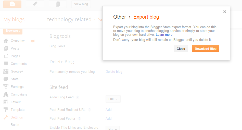 Blogger export screenshot